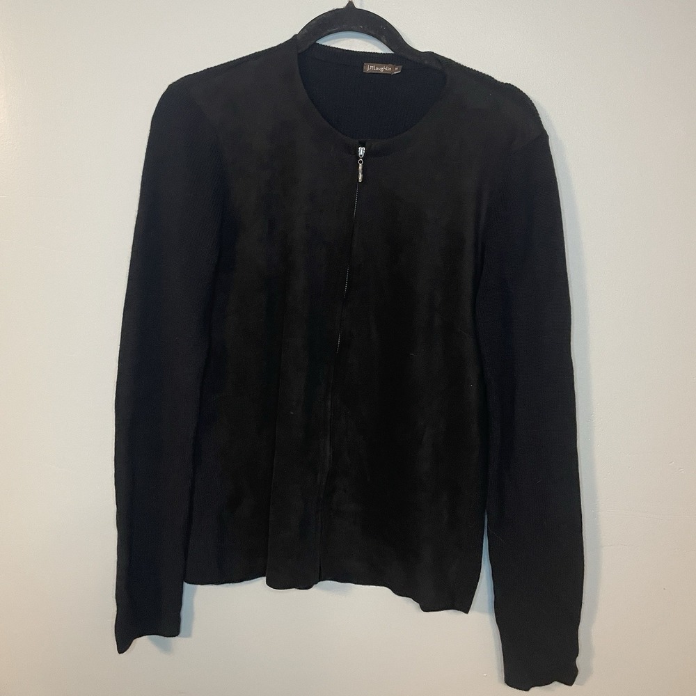 J McLaughlin Size M Black Faux Sueded Front Cashmere Blend Knit Back Top Zipper